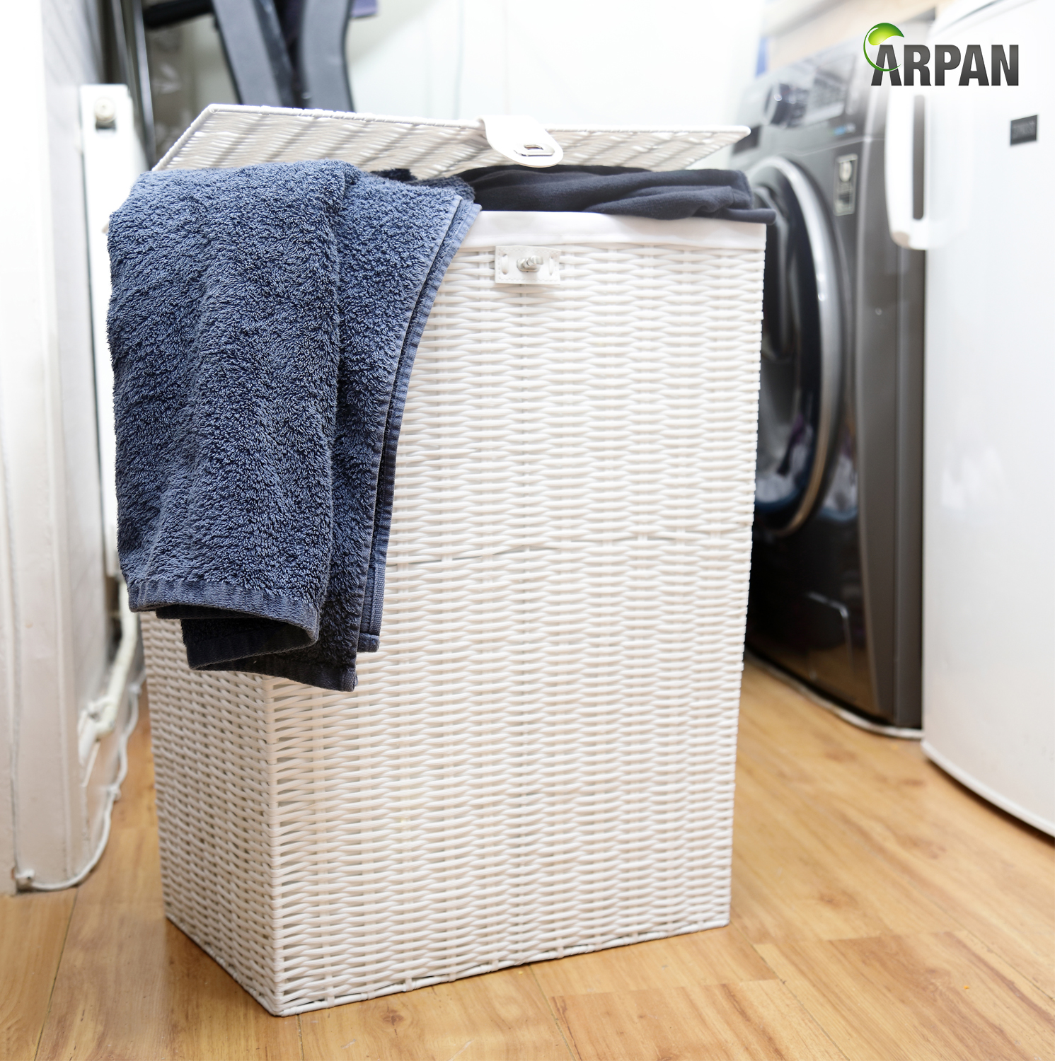 Laundry Basket Medium White Resin with Cloth Liner, Lid & Lock