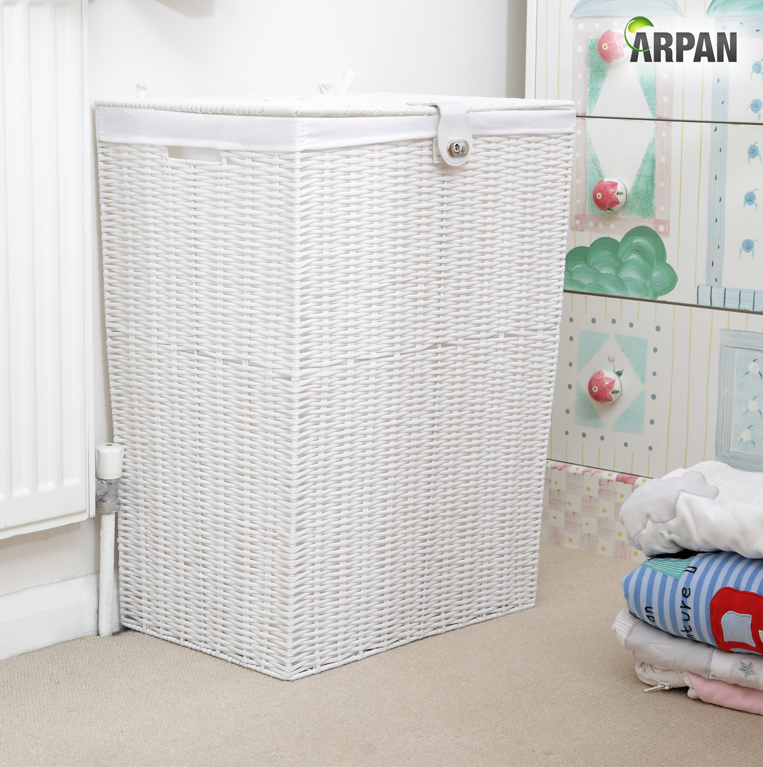 Laundry Basket Medium White Resin with Cloth Liner, Lid & Lock