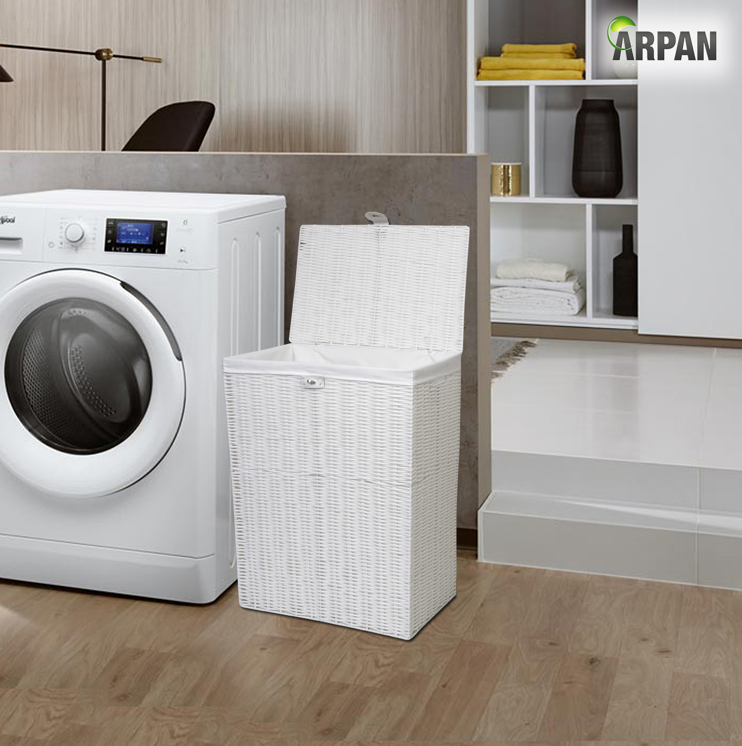 Laundry Basket Medium White Resin with Cloth Liner, Lid