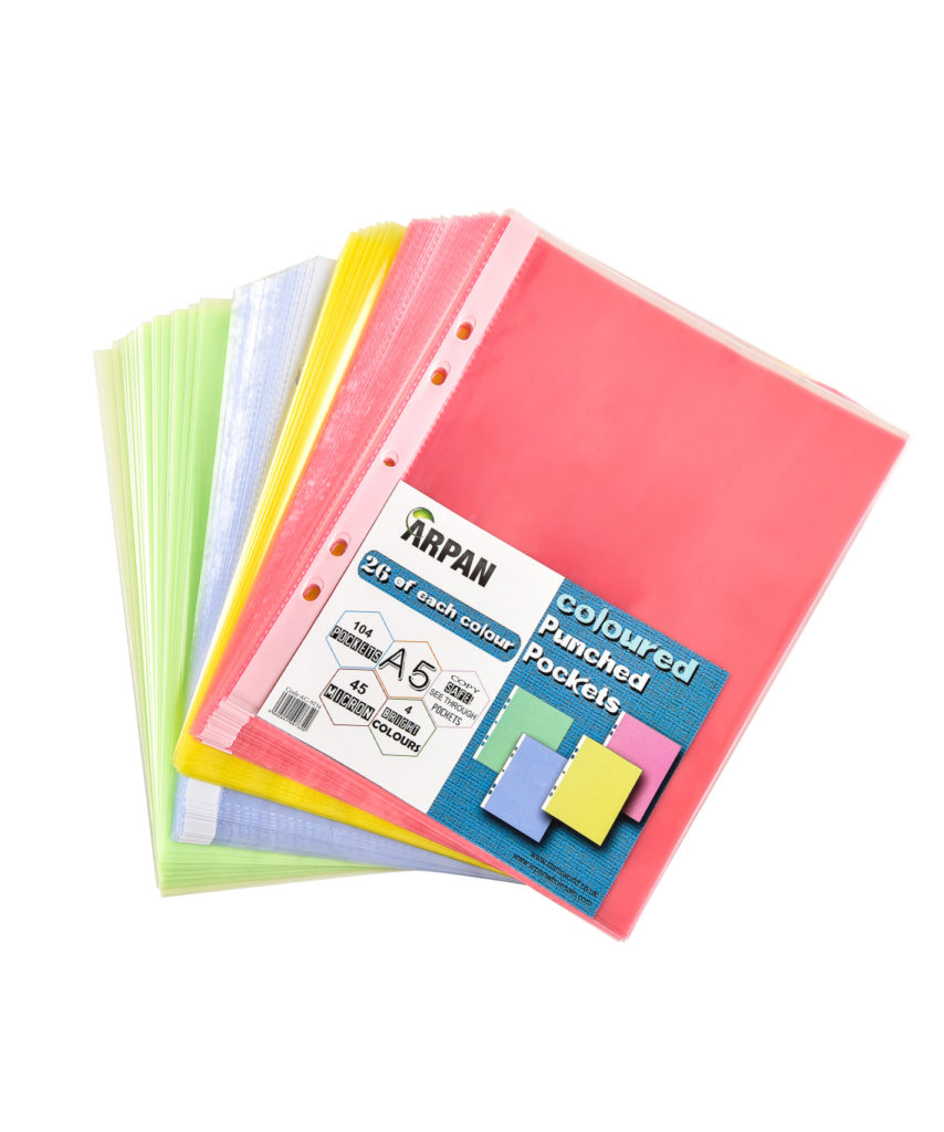 Arpan A5 104 coloured plastic wallets clear strong punched ring binder