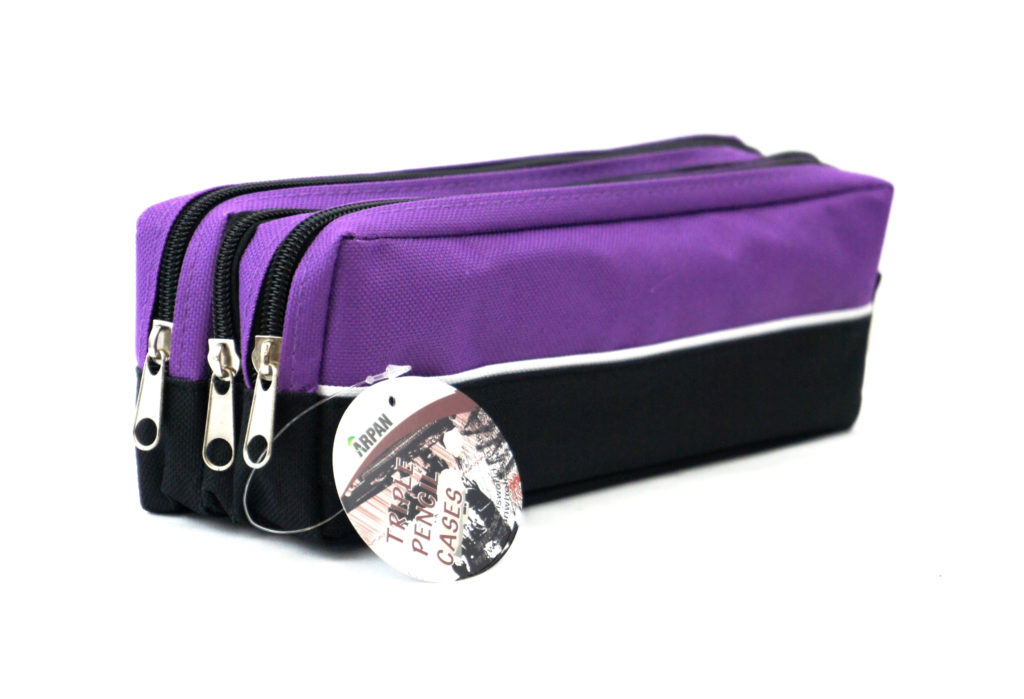 Arpan Triple Pocket Zip Rectangular Large Fabric Pencil Case School Makeup (PURPLE)