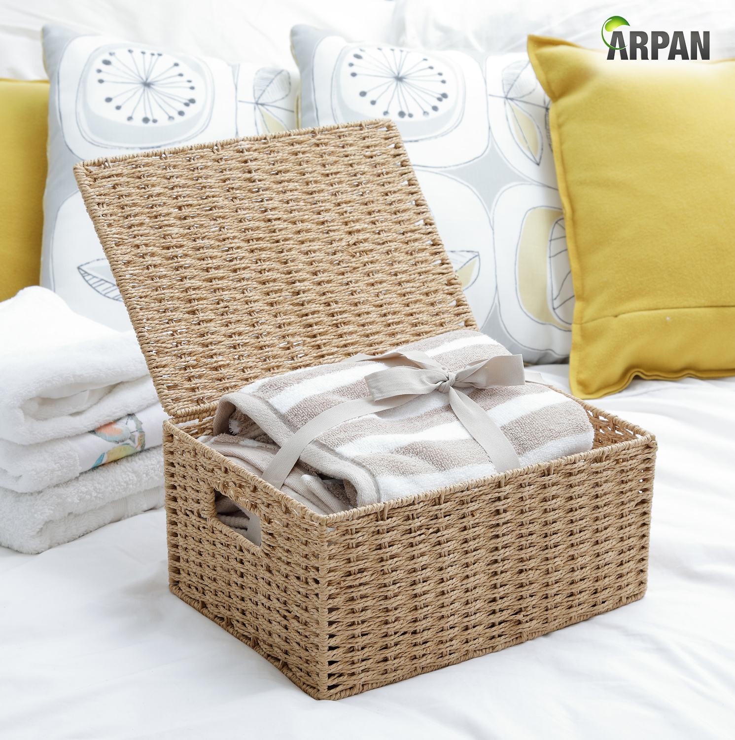 Arpan Natural Paper Rope Storage Basket Box With Lid (Large)