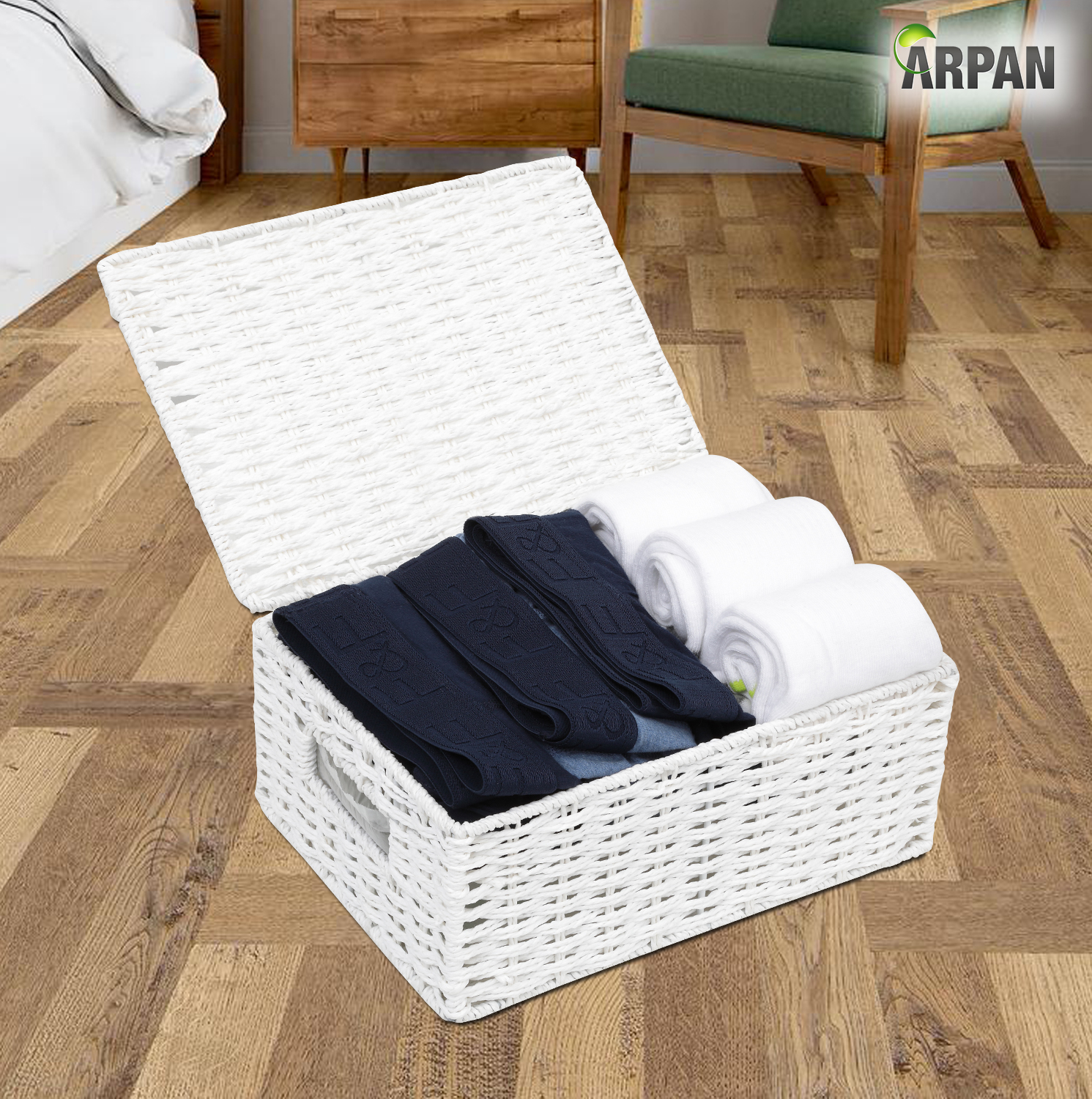 Arpan Paper Rope Storage Basket Box With Lid White (Medium )