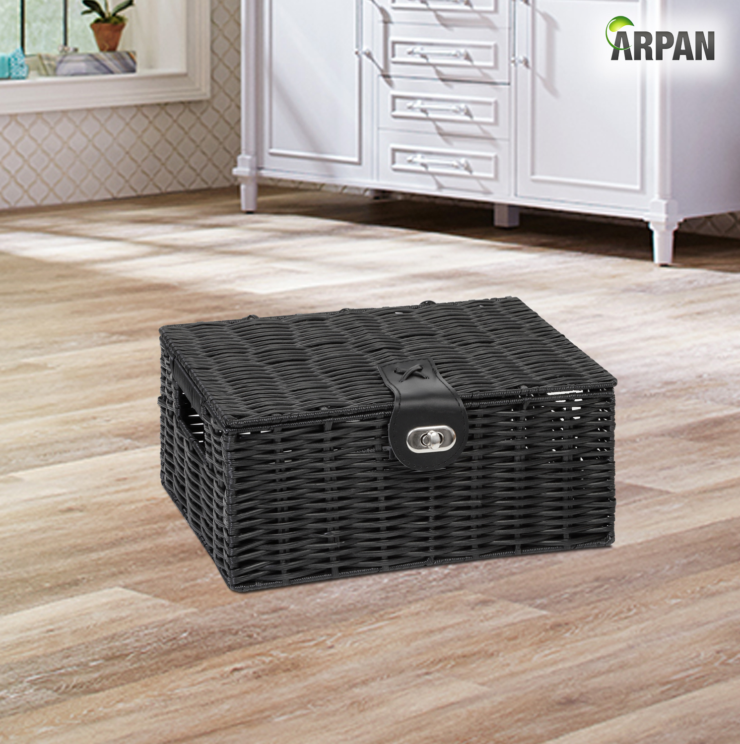 Arpan Small Resin Woven Storage Basket Box With Lid & Lock Black