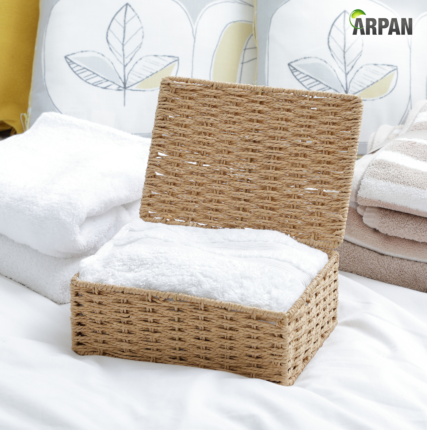 Arpan Natural Paper Rope Storage Basket Box With Lid (Small)