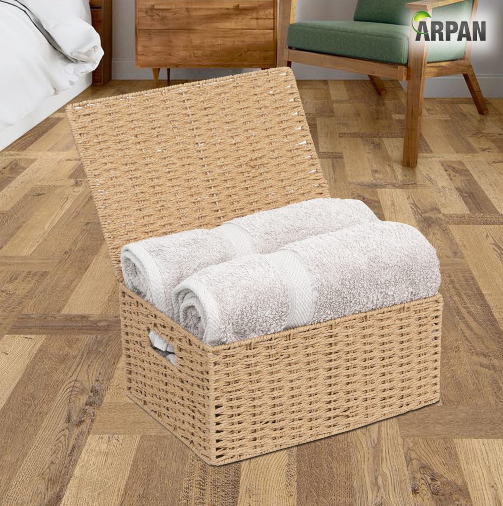 2X Storage Hamper Basket with lid Natural Rope Brown Clarisworld