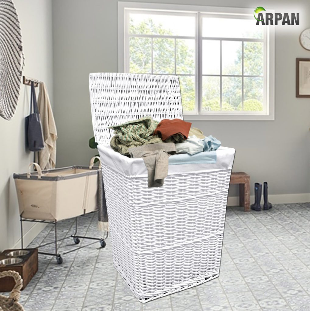 Large White Wicker Laundry Basket With White Lining