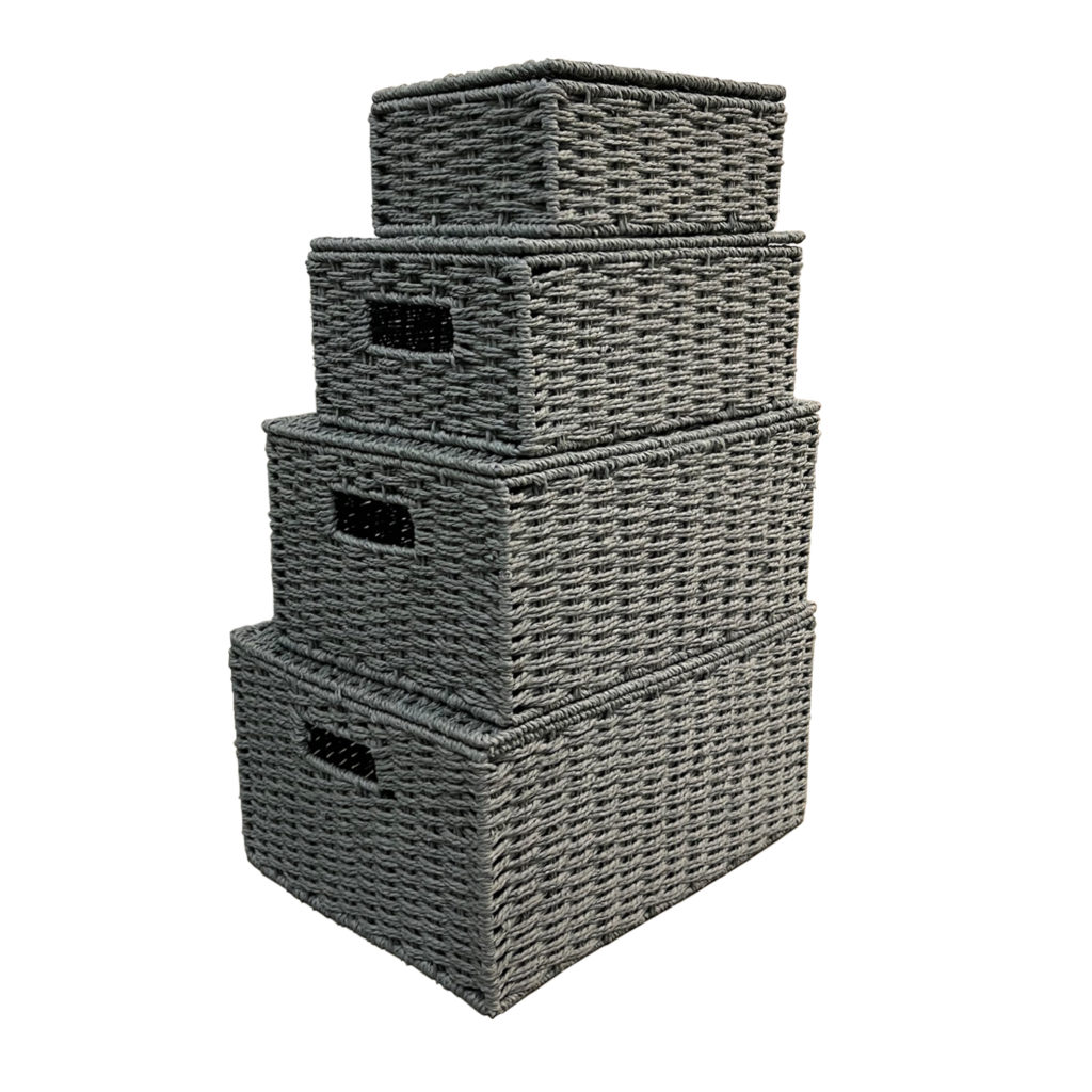 Set Of 4 Paper Rope Storage Hamper Basket With Lid Grey Clarisworld